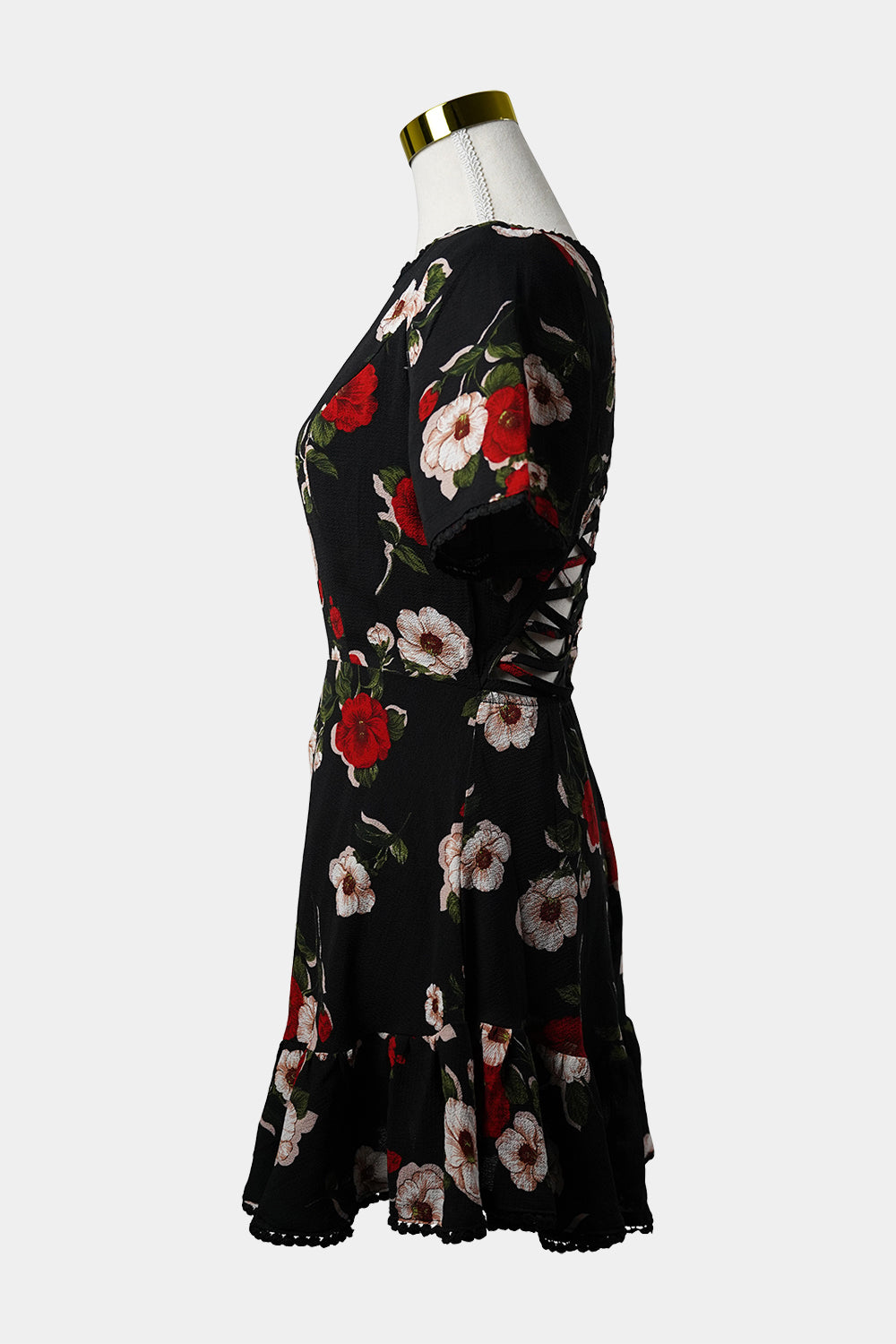 PILGRIM Black Floral Mini Dress with Lace and Cut Out Detailing