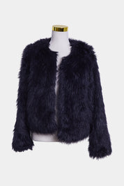 DECJUBA Navy Faux Fur High Neck Crop Jacket