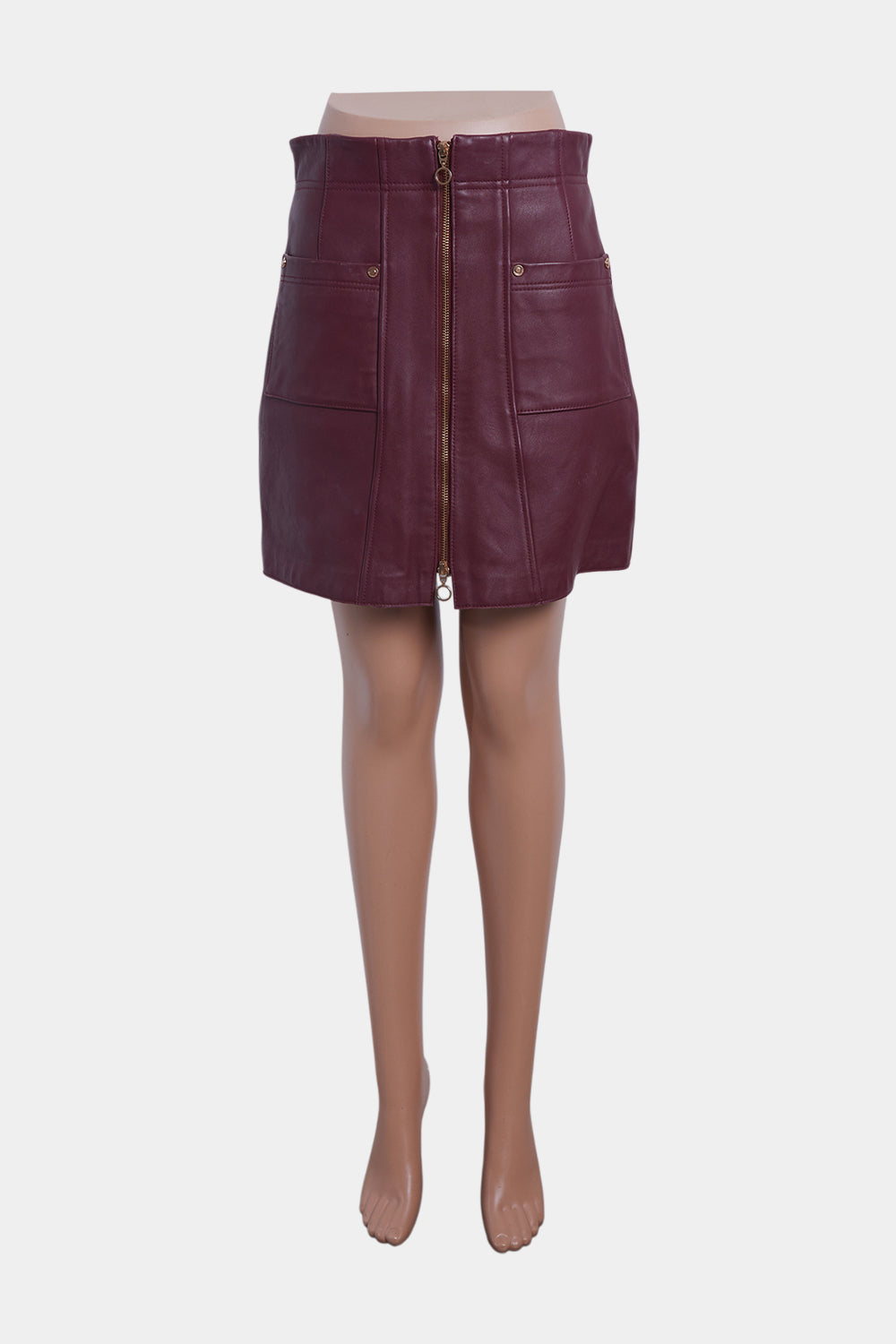 Alice Mccall Burgundy Leather Zip Detail Mini Skirt