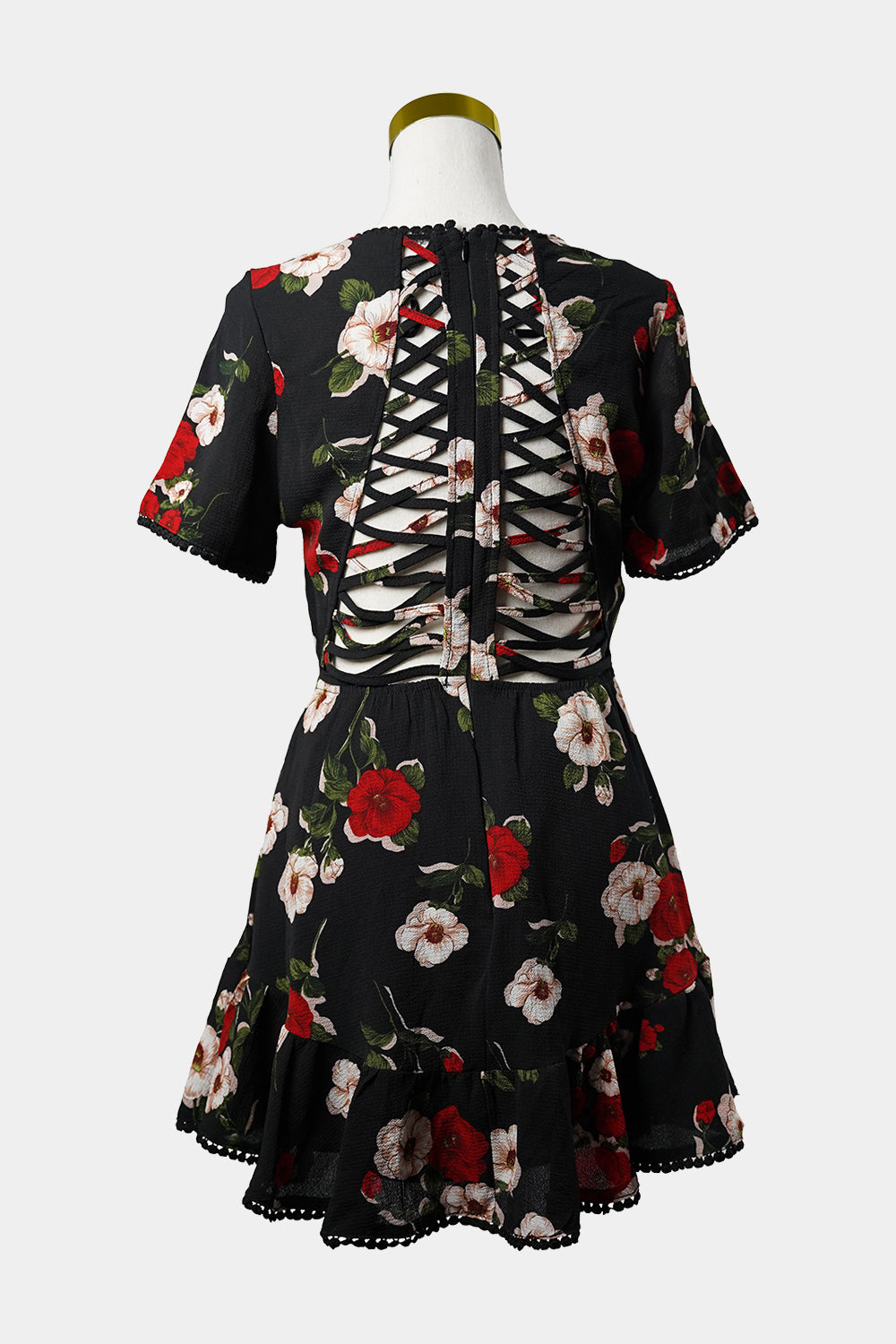 PILGRIM Black Floral Mini Dress with Lace and Cut Out Detailing