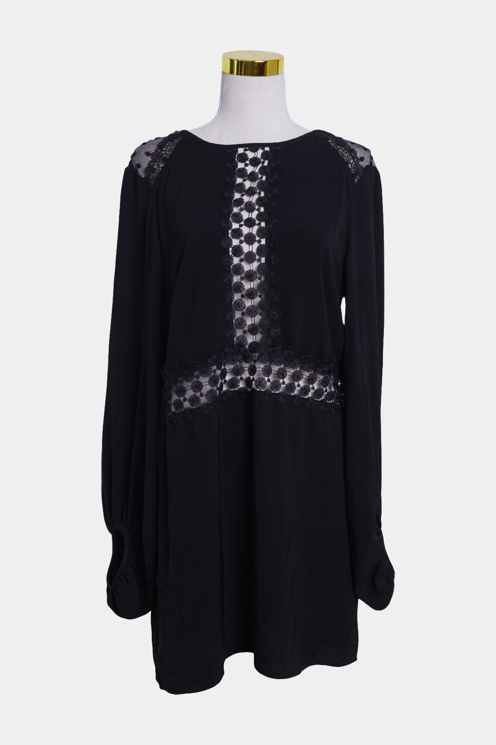 SHAKUHACHI Black Lace Deatil Long Sleeve Dress