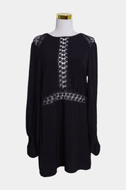 SHAKUHACHI Black Lace Deatil Long Sleeve Dress