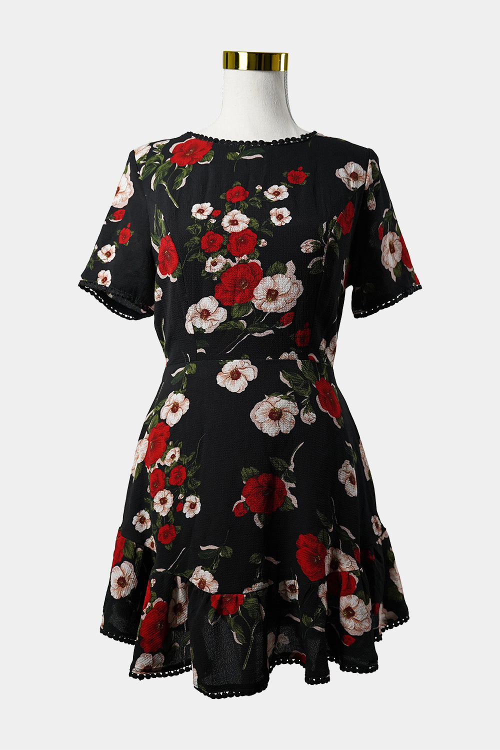 PILGRIM Black Floral Mini Dress with Lace and Cut Out Detailing