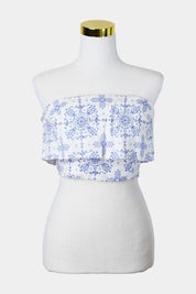 KOOKAI Blue and White Print Bandeau Top
