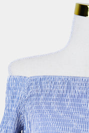 WITCHERY Blue and White Stripe Off Shoulder Ruched Top