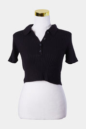 GLASSONS Black Stretch Knit Polo Crop Top