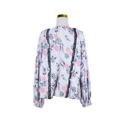 STEELE White, Pink, Black Floral Lace Trim Long Sleeve Blouse