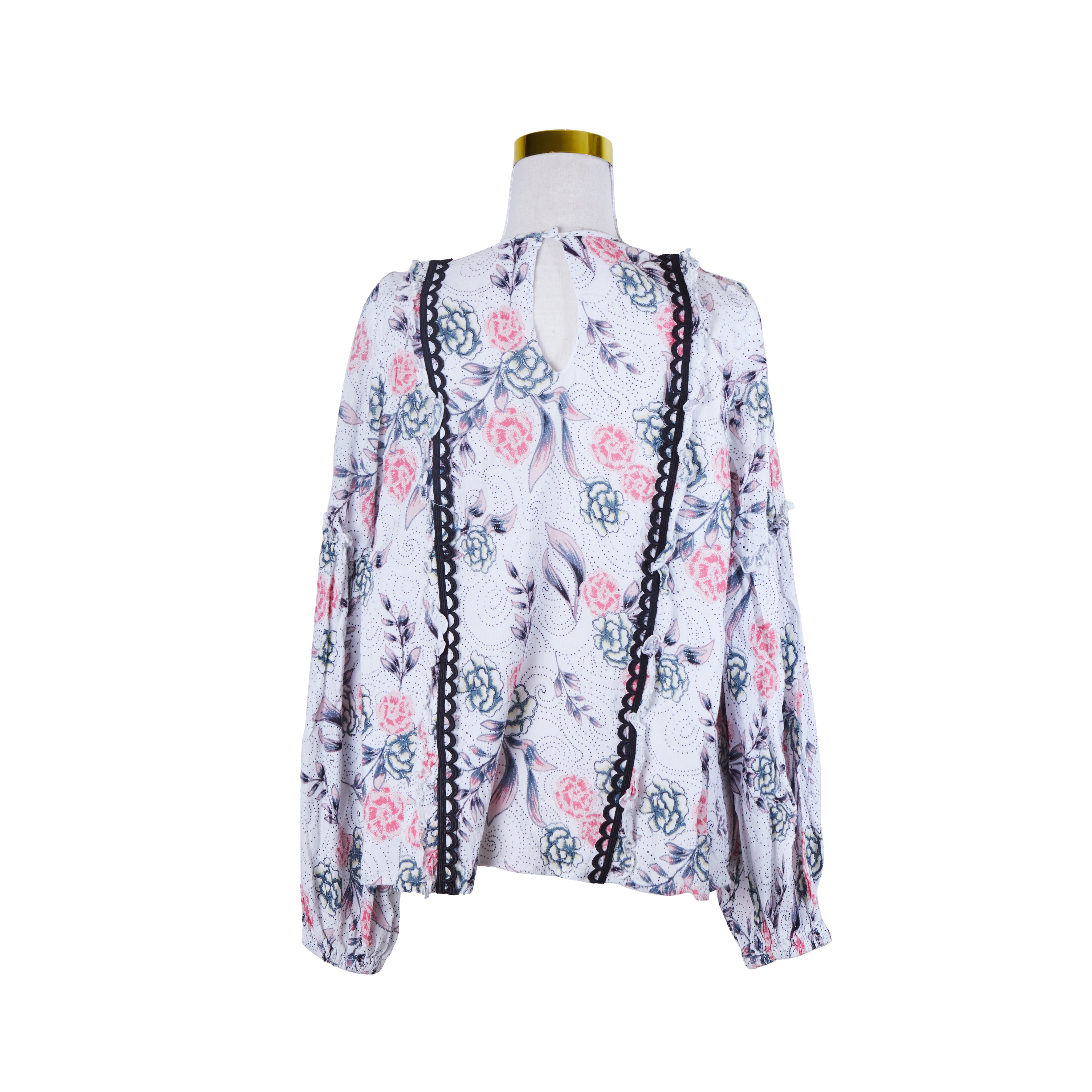STEELE White, Pink, Black Floral Lace Trim Long Sleeve Blouse