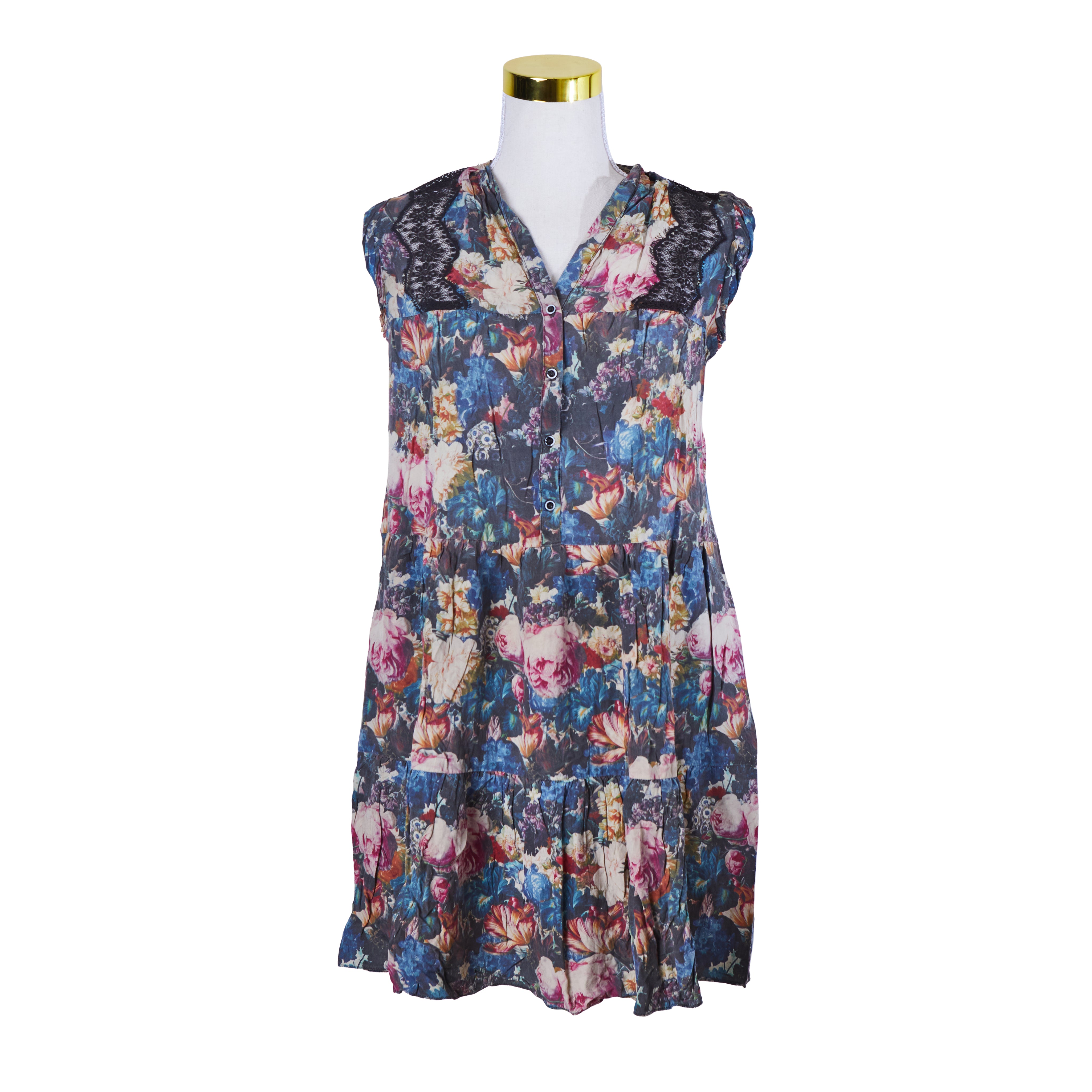 Sandro Paris Multi Floral Sleeveless Lace Insert Dress