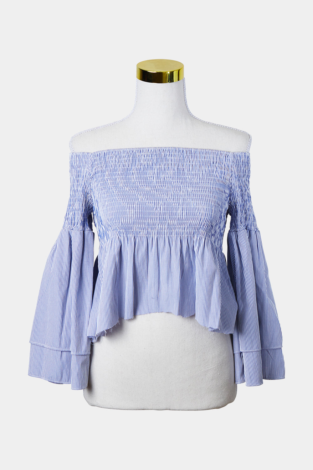 WITCHERY Blue and White Stripe Off Shoulder Ruched Top