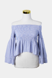 WITCHERY Blue and White Stripe Off Shoulder Ruched Top