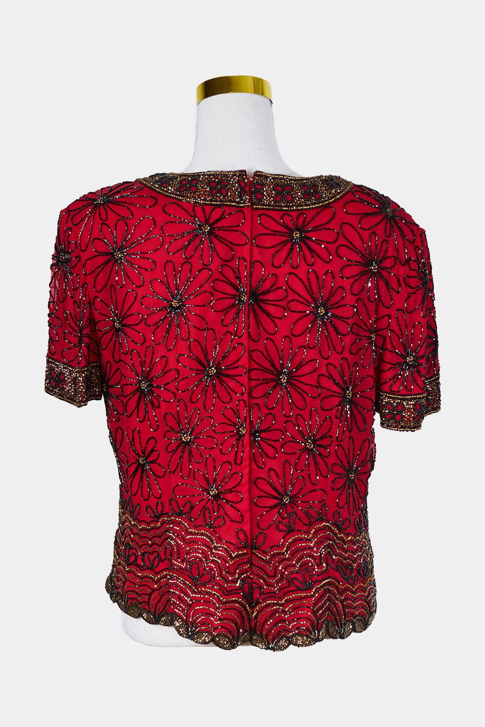 Papell Boutique Red Beaded Short Sleeve Blouse