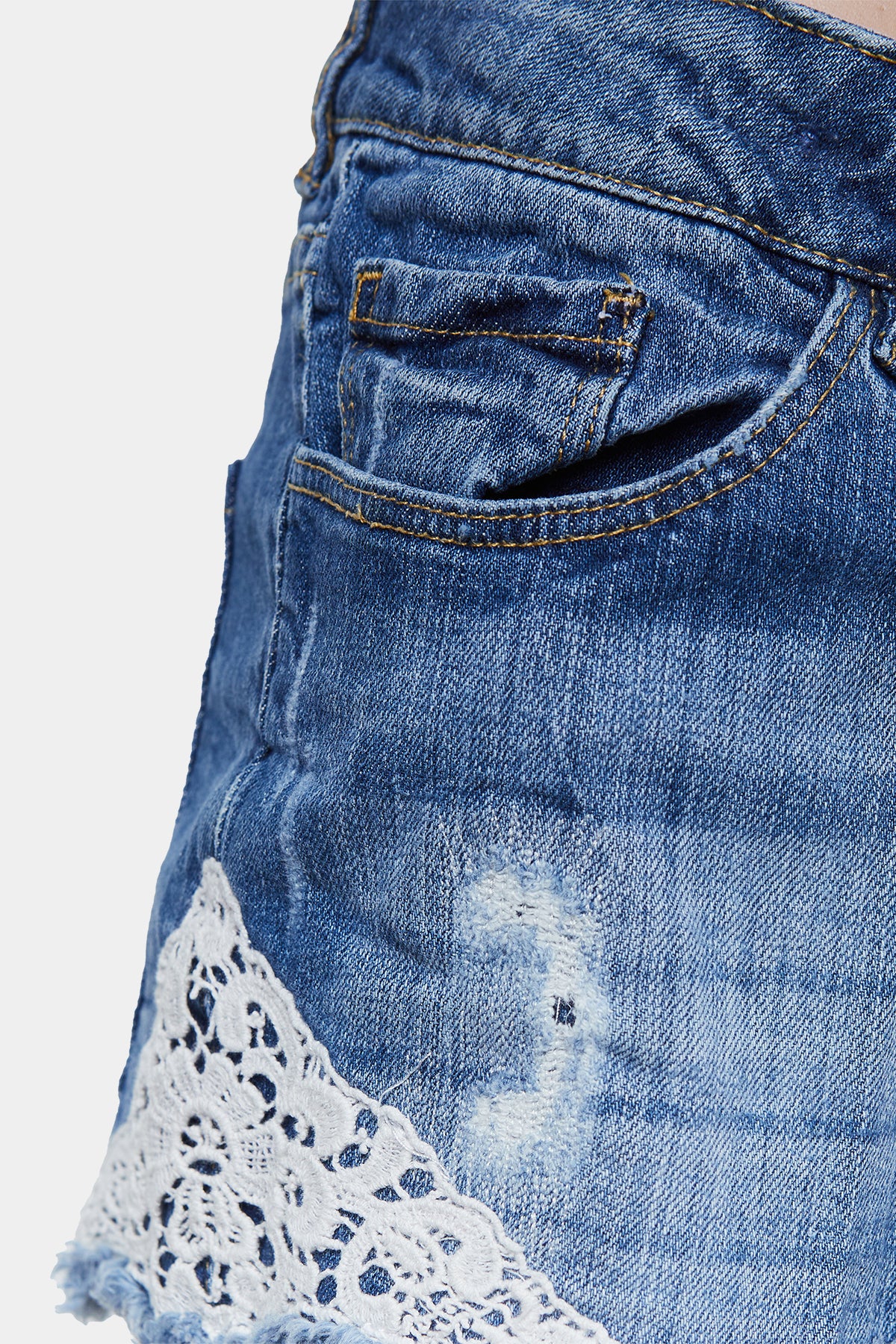 Detroit Denim Blue Lace Detail Denim Shorts