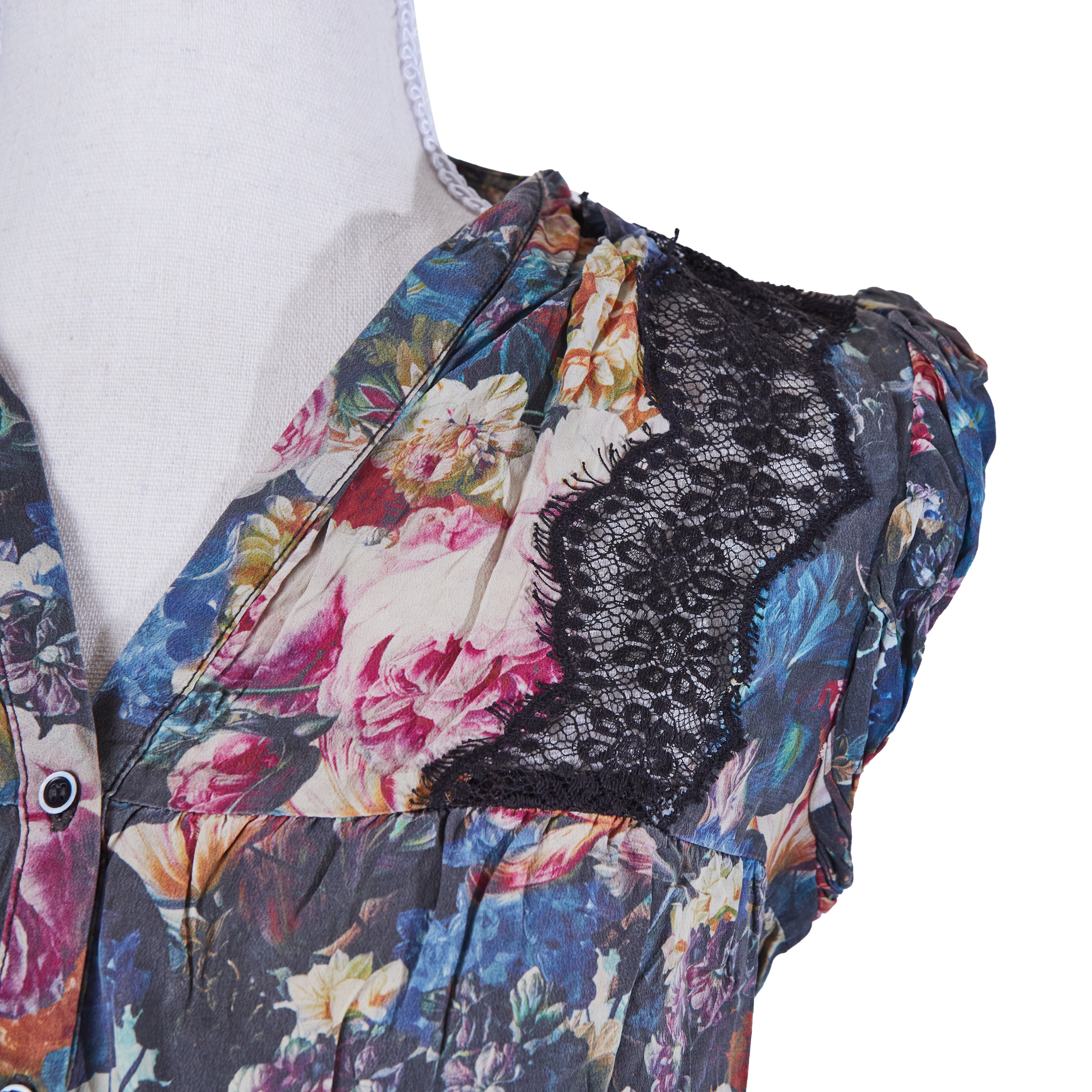 Sandro Paris Multi Floral Sleeveless Lace Insert Dress