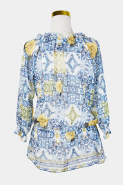 NSC Blue White and Yellow Sheer Peplum Blouse