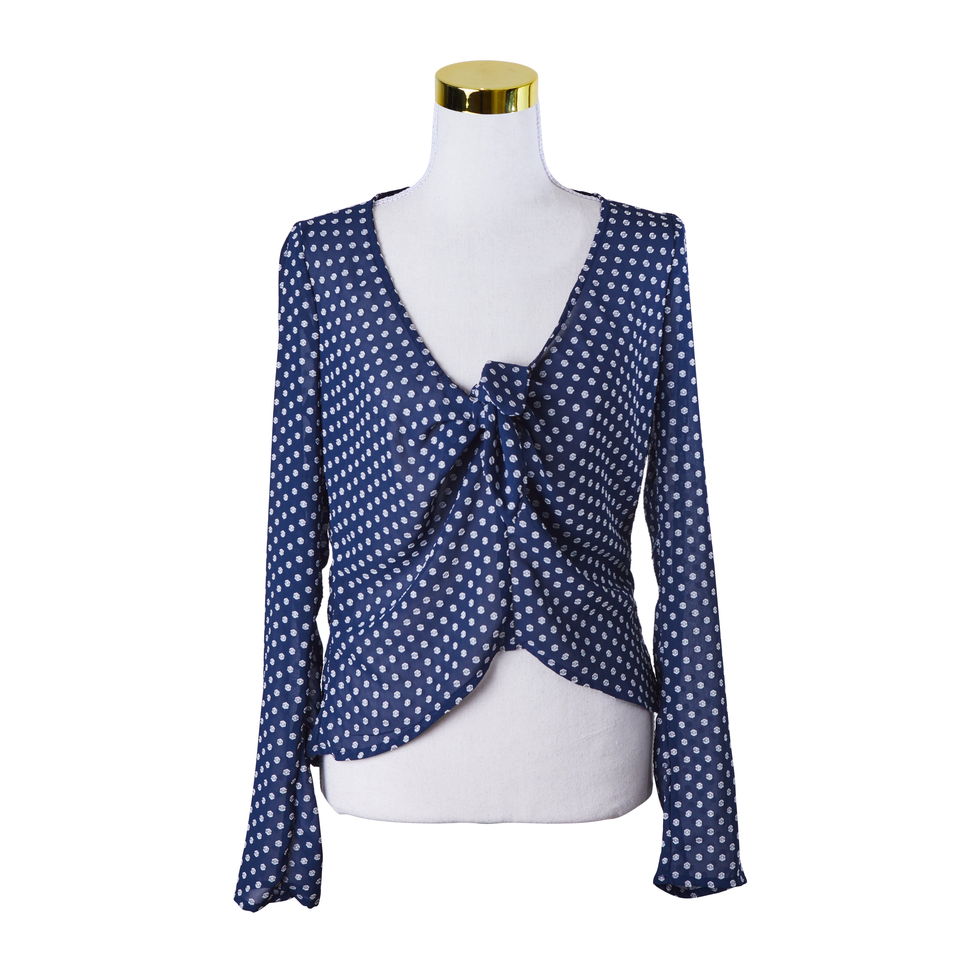 KOOKAI Navy White Spot Flocked tie front blouse