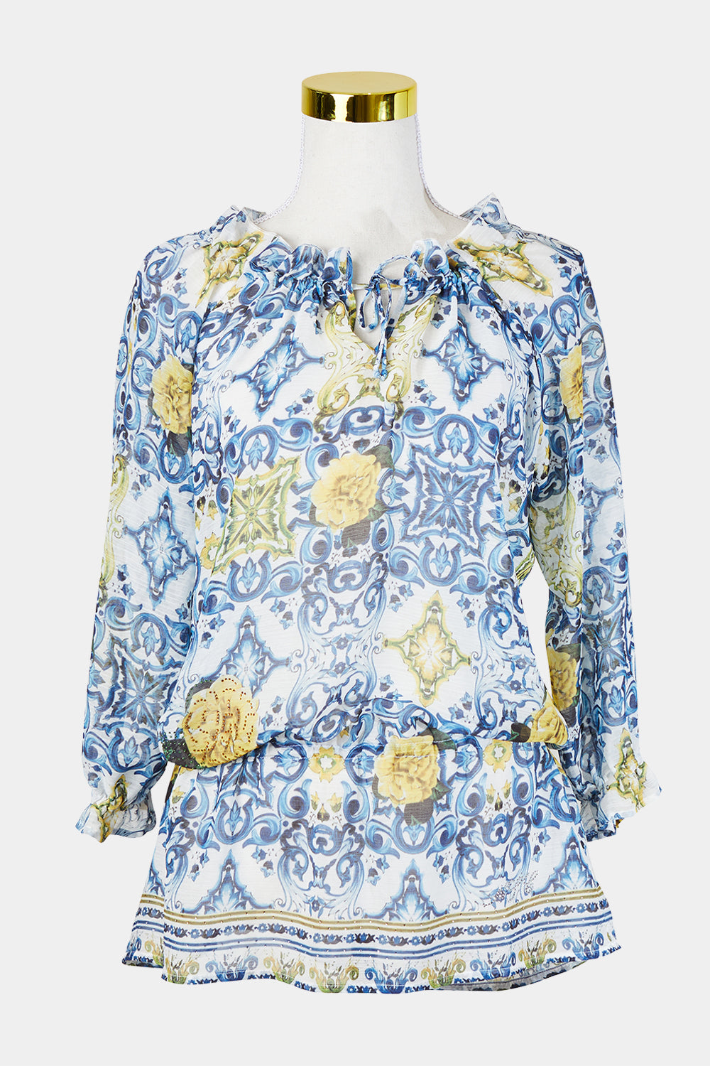 NSC Blue White and Yellow Sheer Peplum Blouse