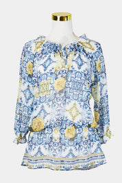 NSC Blue White and Yellow Sheer Peplum Blouse