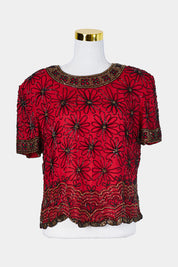 Papell Boutique Red Beaded Short Sleeve Blouse