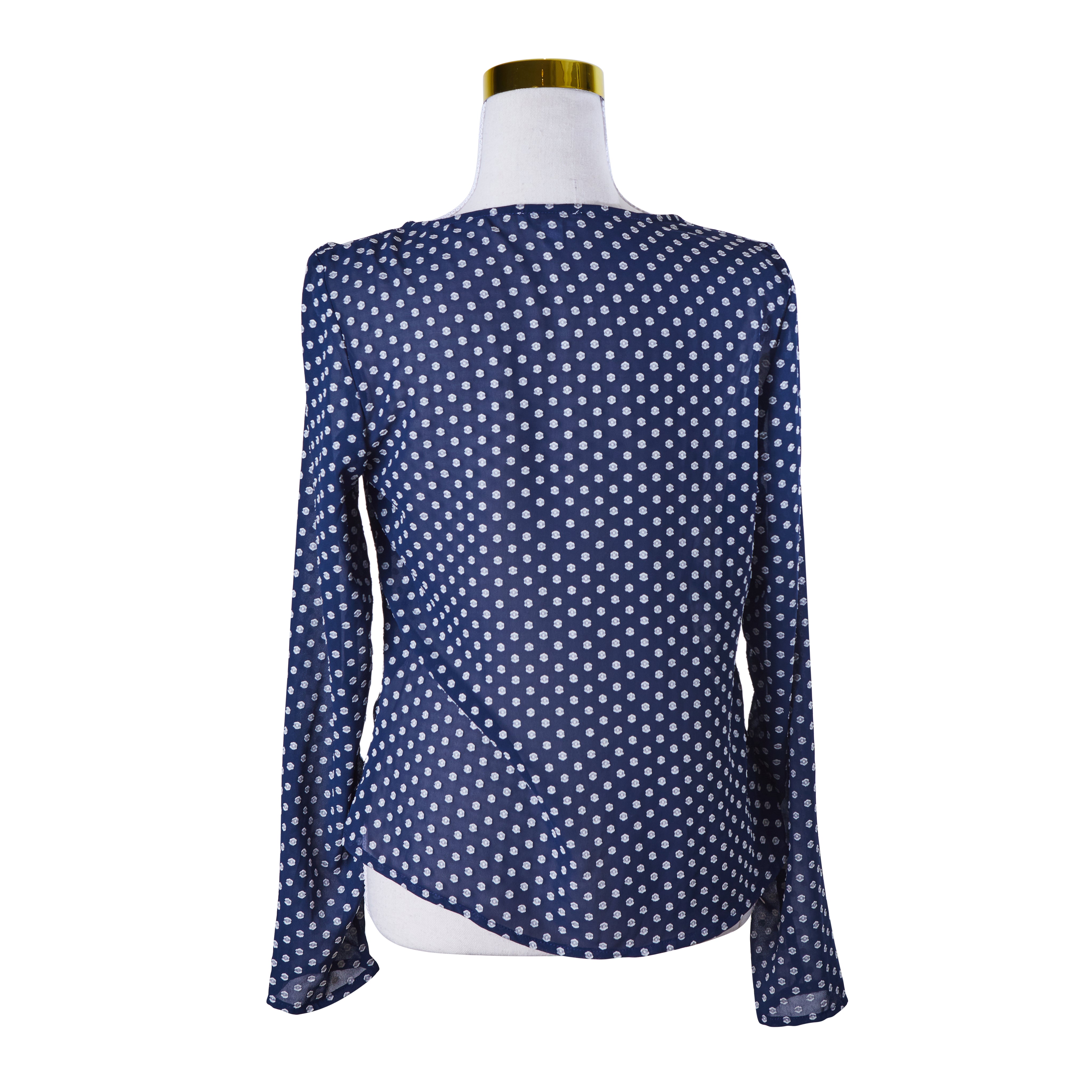 KOOKAI Navy White Spot Flocked tie front blouse