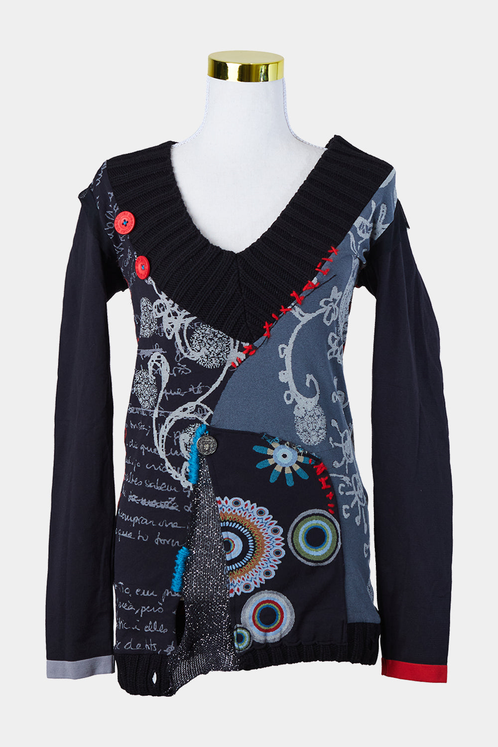 DESIGUAL Black, Red, Grey Knit Patchwork Mini Dress