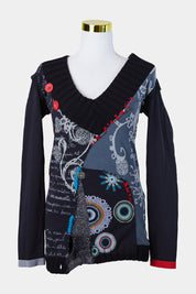 DESIGUAL Black, Red, Grey Knit Patchwork Mini Dress