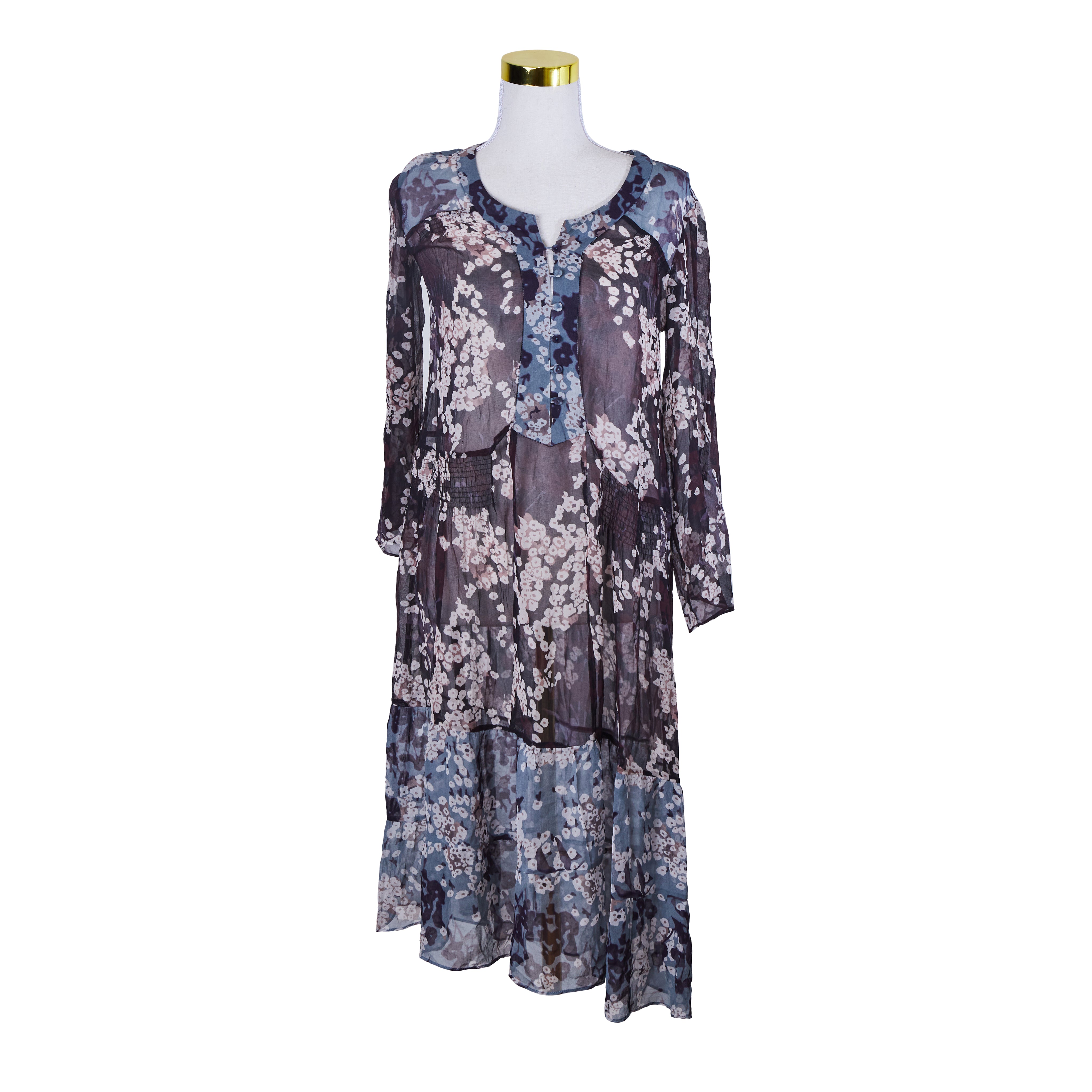 WITCHERY Burgundy, Blue and White Sheer Long Sleeve Smock Dress