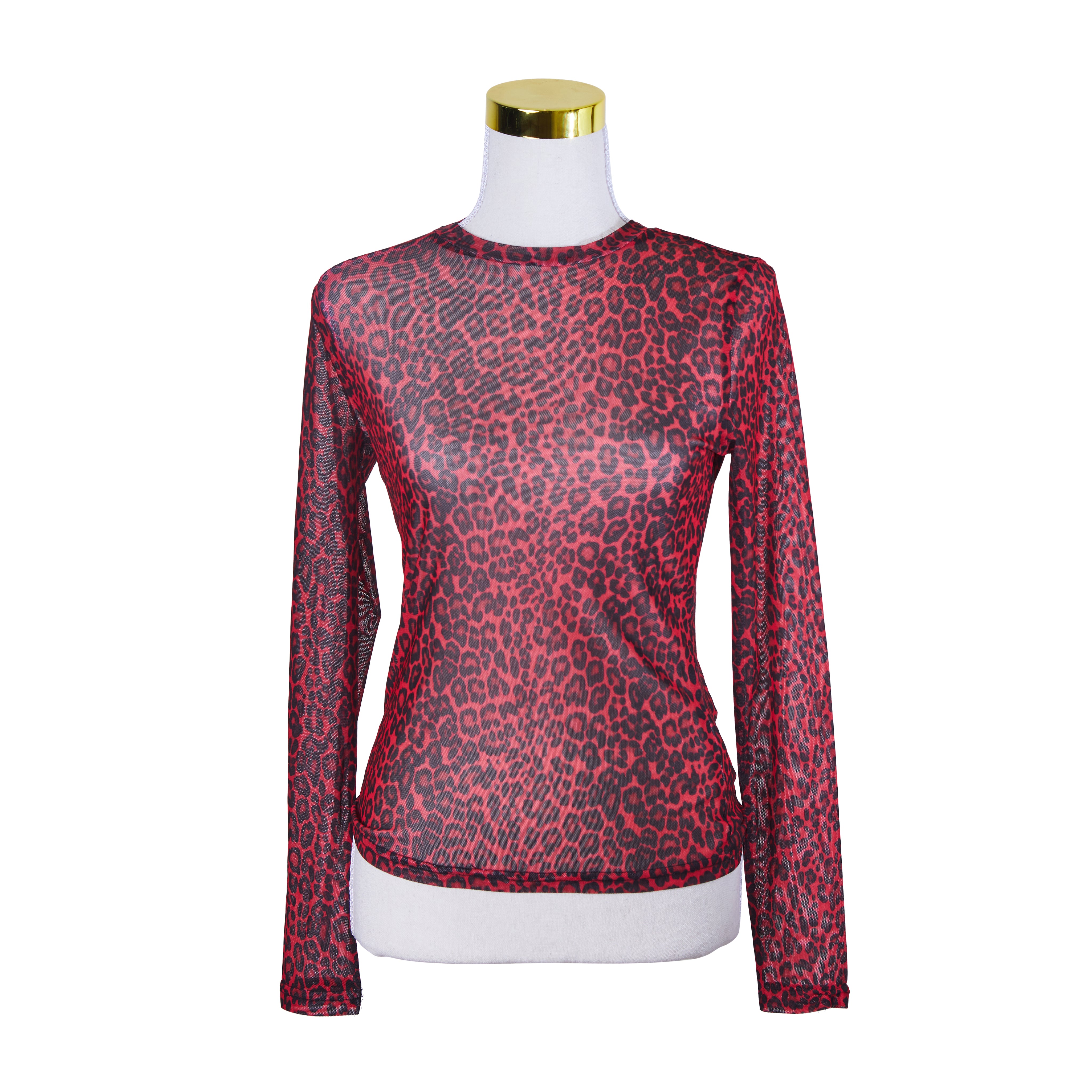 DOTTI Red and Black Cheetah Print Sheer Mesh Long Sleeve Top