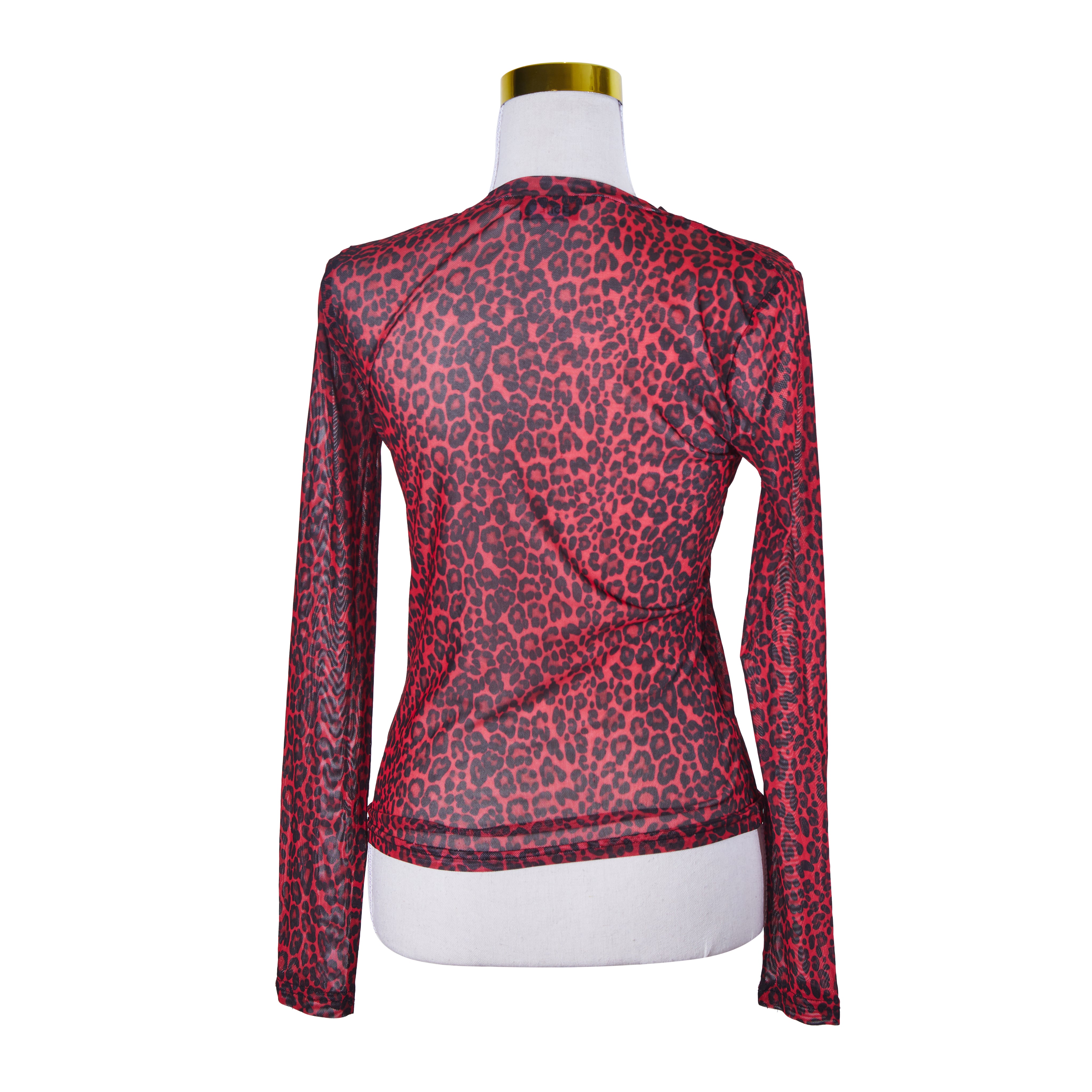 DOTTI Red and Black Cheetah Print Sheer Mesh Long Sleeve Top