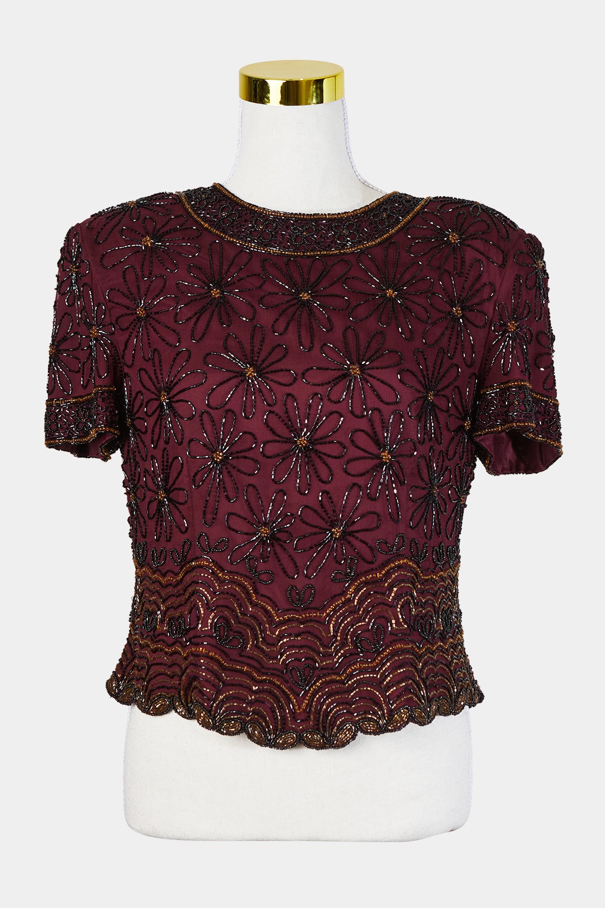 Papell Boutique Burgundy Beaded Short Sleeve Blouse