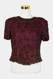 Papell Boutique Burgundy Beaded Short Sleeve Blouse