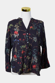 ZARA Navy Floral Print Button Down Blouse