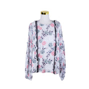 STEELE White, Pink, Black Floral Lace Trim Long Sleeve Blouse