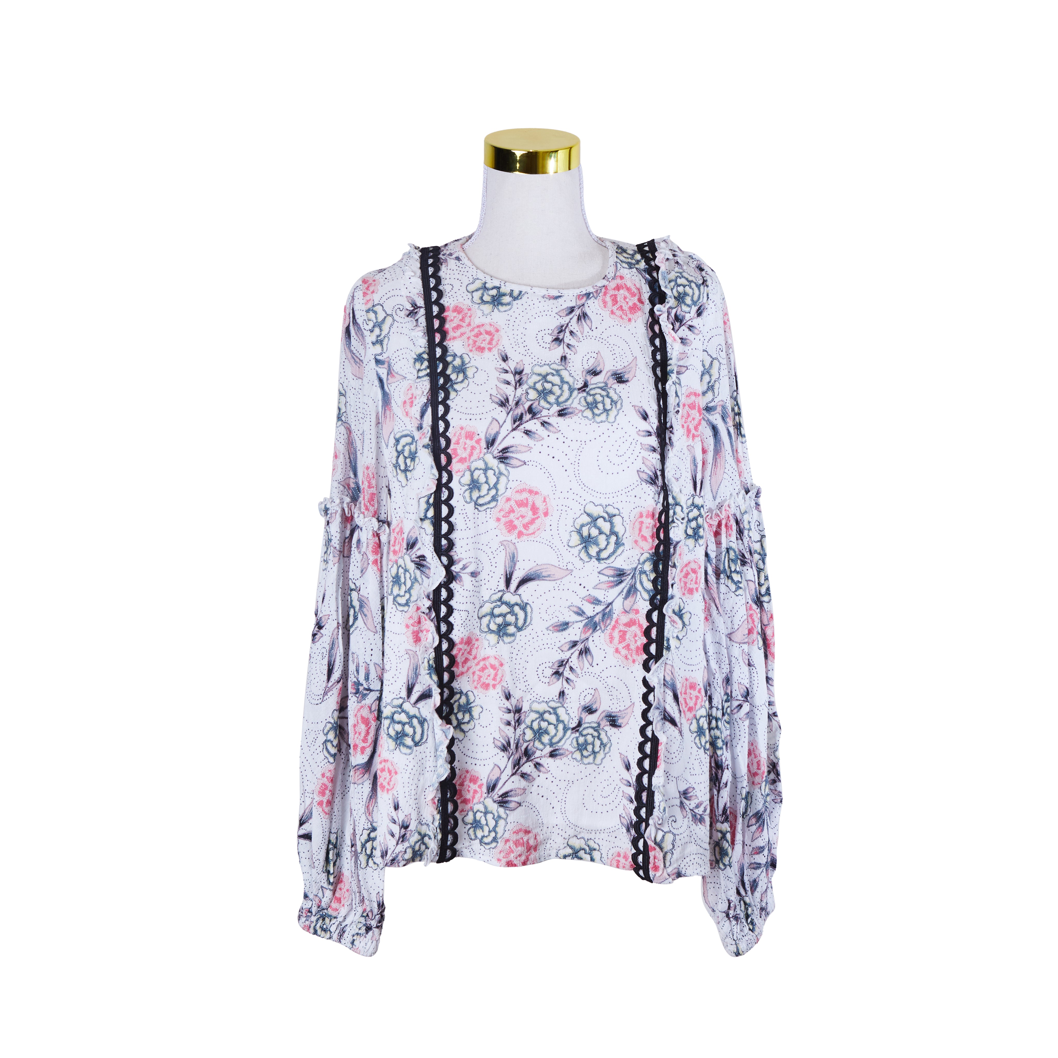 STEELE White, Pink, Black Floral Lace Trim Long Sleeve Blouse