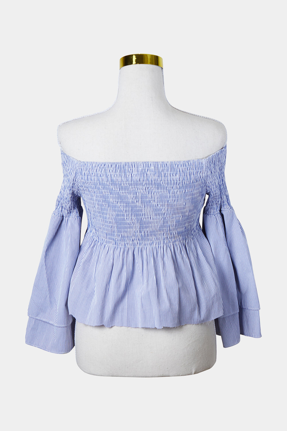 WITCHERY Blue and White Stripe Off Shoulder Ruched Top