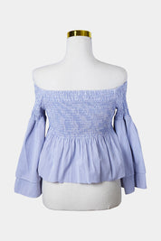 WITCHERY Blue and White Stripe Off Shoulder Ruched Top