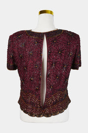 Papell Boutique Burgundy Beaded Short Sleeve Blouse