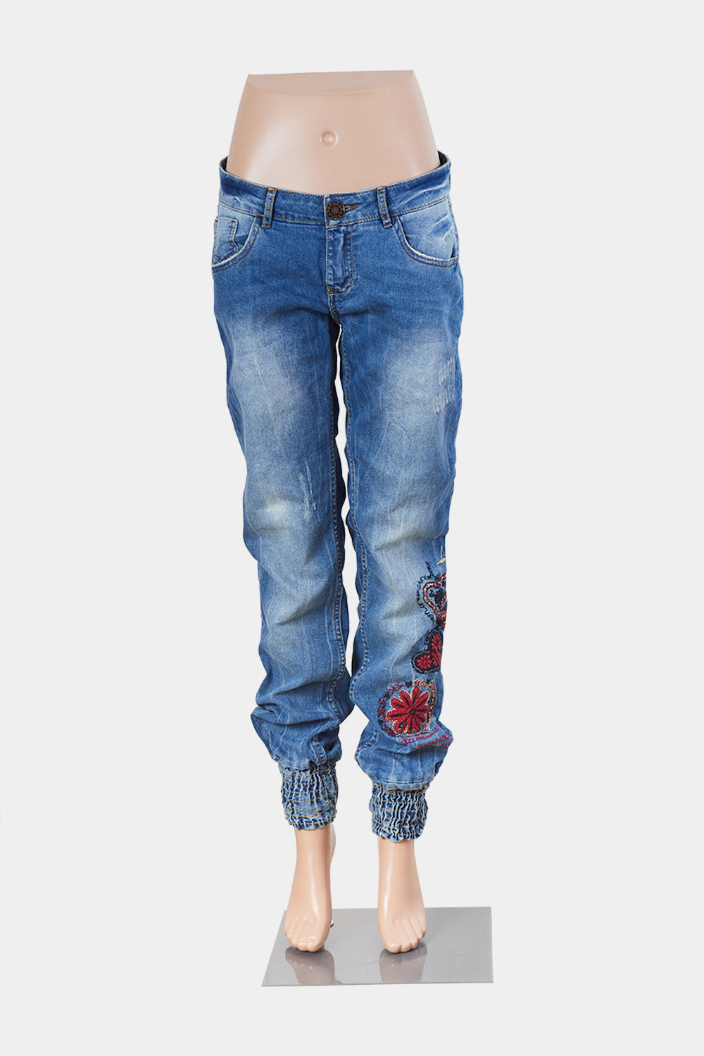 DESIGUAL Blue Denim Embroidered Low Rise Jeans