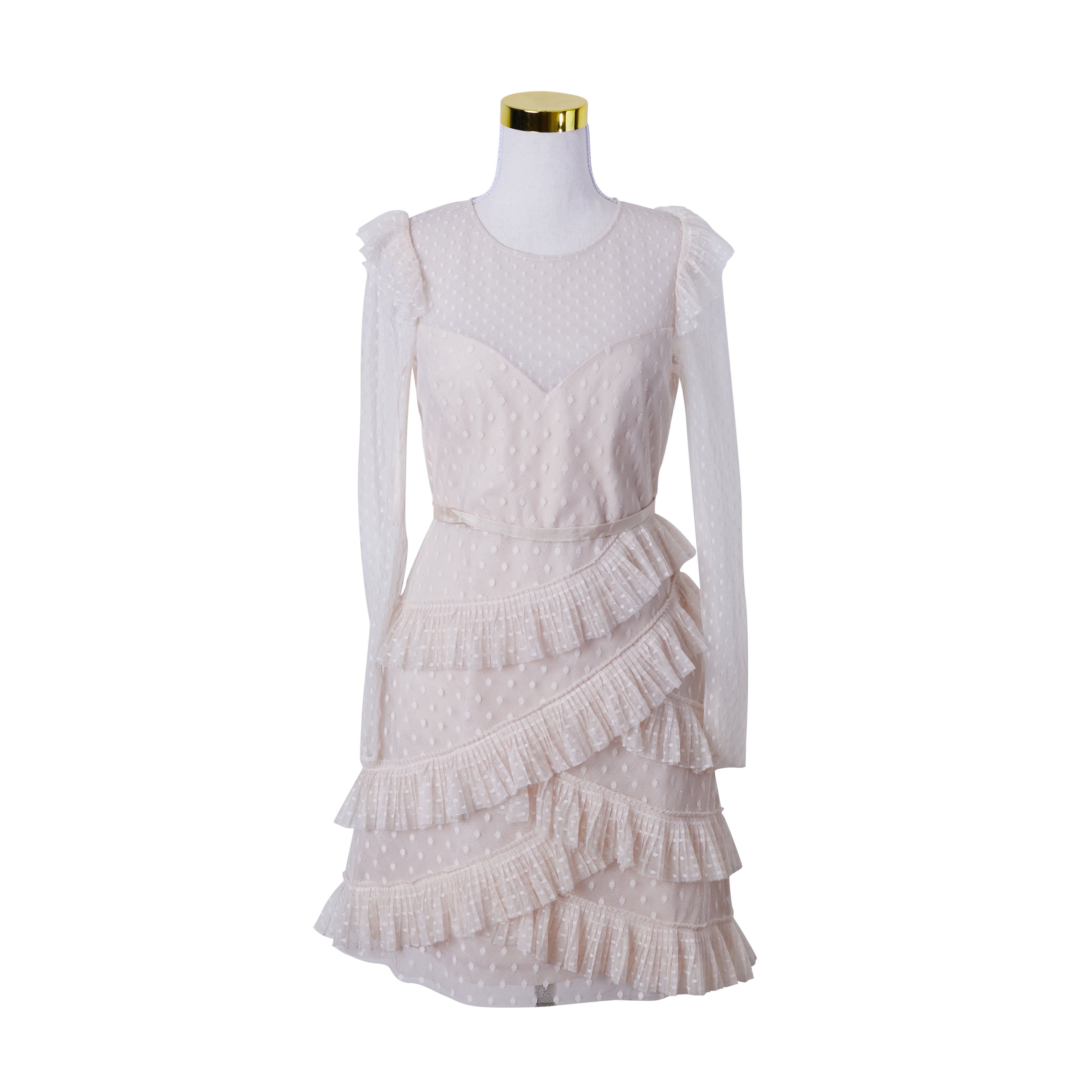 BCBG Cream Lace Long Sleeve Frill Dress