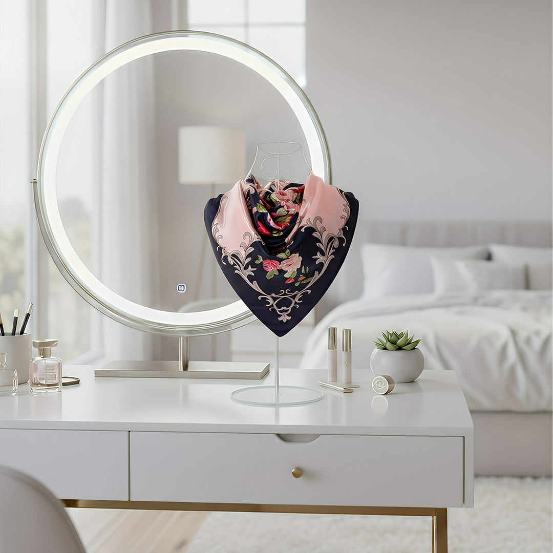 Anyyou Fashion Premium Satin Square Scarf – Navy Blue Pink Silk-Feel Neckwrap for Women