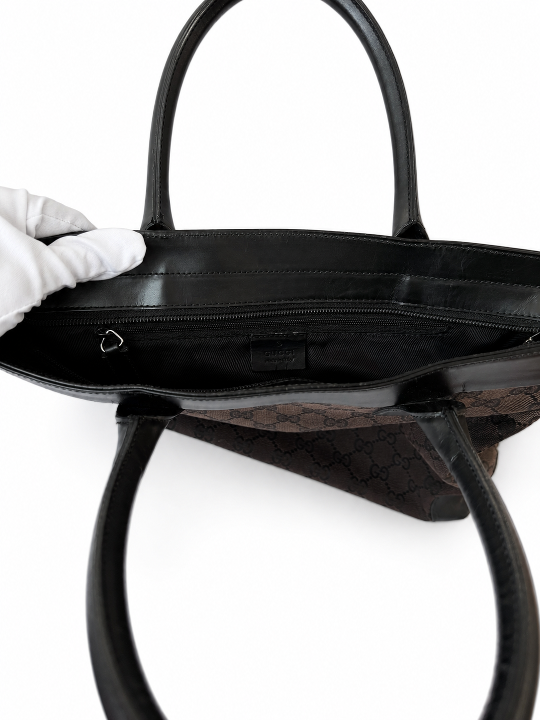 Gucci GG Tote Bag in Black Leather and Brown Canvas