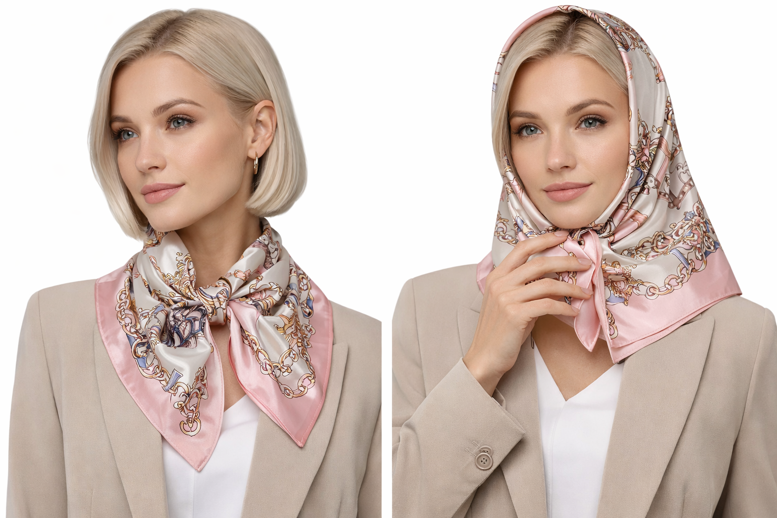 Anyyou Fashion Premium Satin Square Scarf – White Pink Silk-Feel Neckwrap for Women