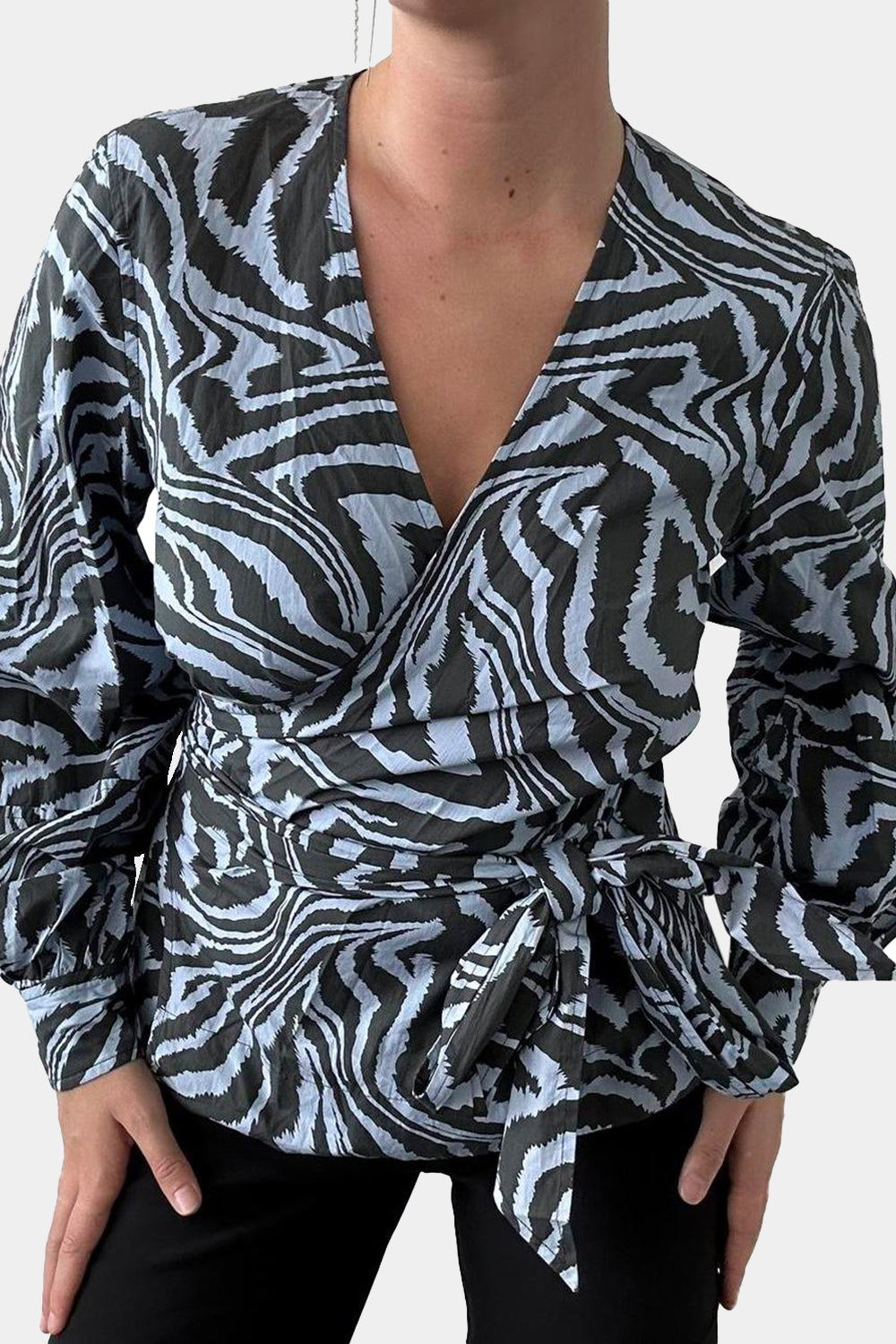 GANNI Blue, Black Pattern Wrap Shirt