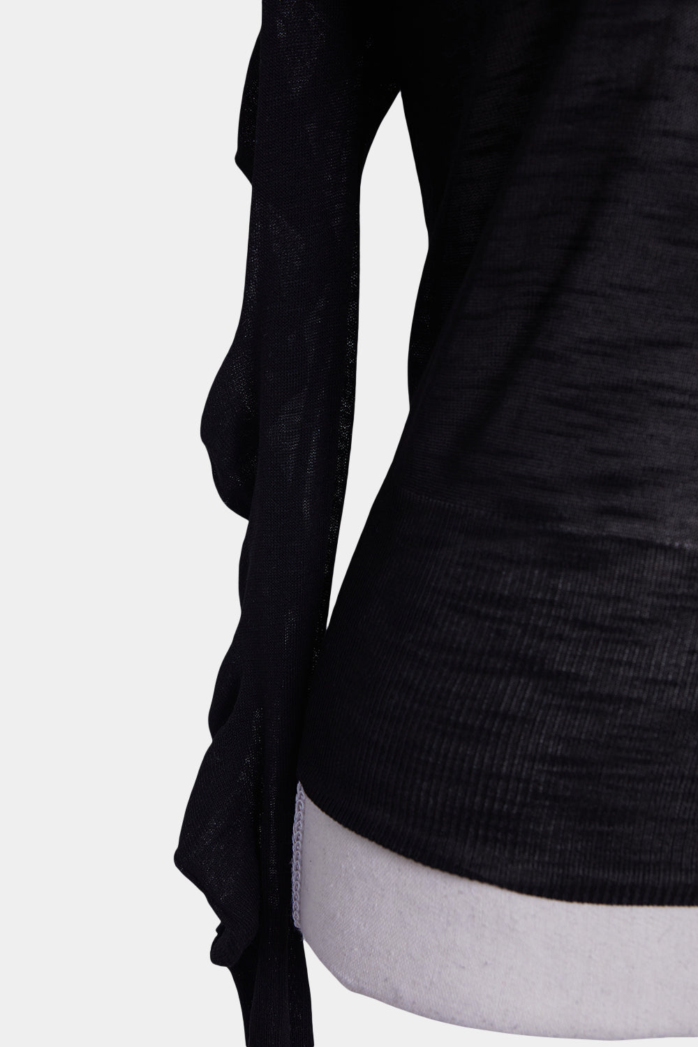 DECJUBA Black Sheer Gathered Sleeve Detail Long Sleeve Top