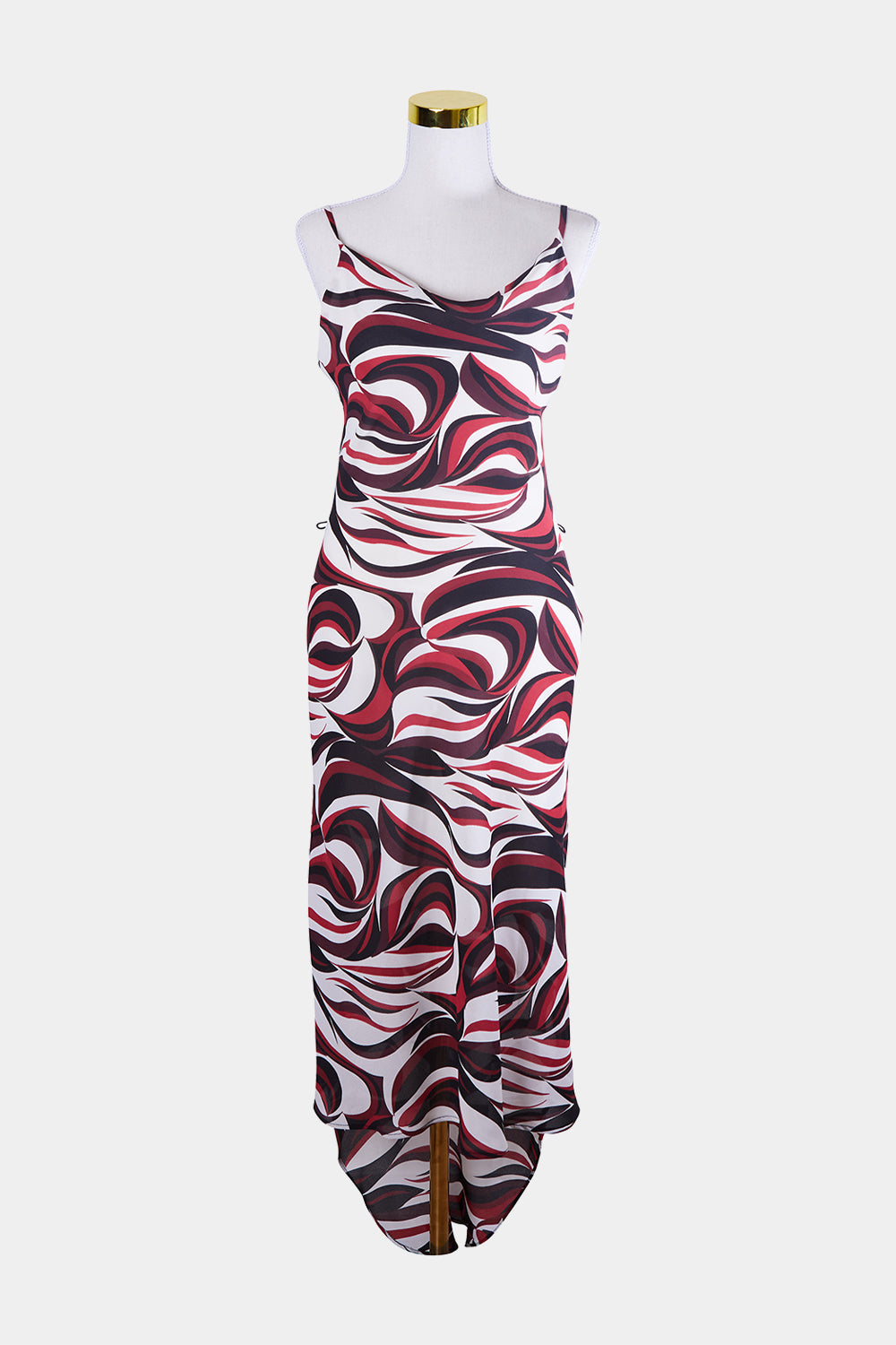 GO Red, Cream, Burgundy, Black 70s Pattern Long Slip Cowl Neck Dress