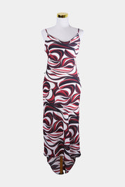 GO Red, Cream, Burgundy, Black 70s Pattern Long Slip Cowl Neck Dress