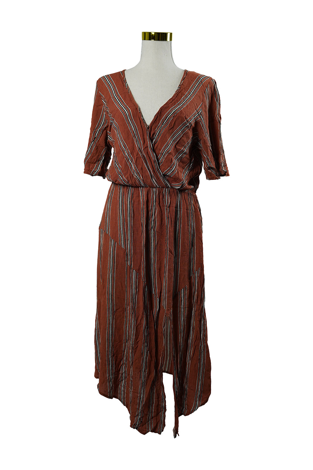 INTO Burnt Orange Striped Asymmetrical Midi Dress