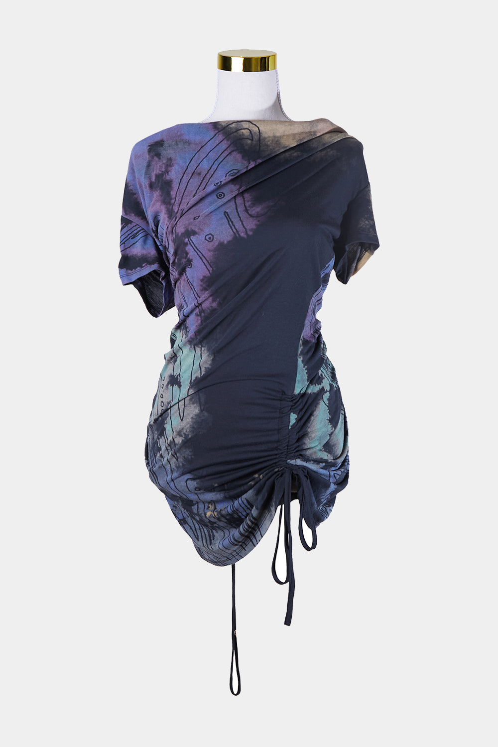 Status Moda Navy Print Ruche Tie Shirt Dress