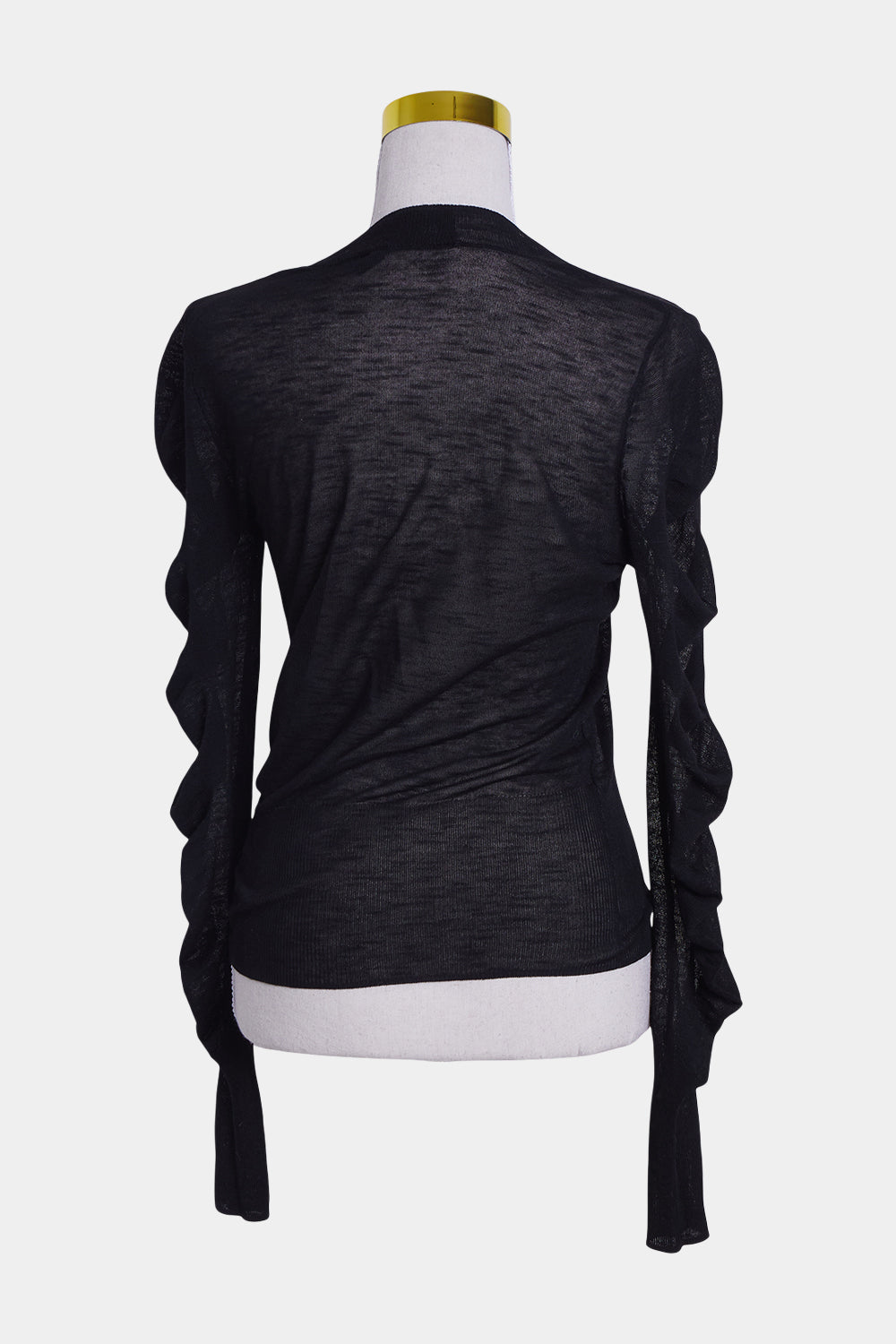 DECJUBA Black Sheer Gathered Sleeve Detail Long Sleeve Top