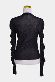 DECJUBA Black Sheer Gathered Sleeve Detail Long Sleeve Top